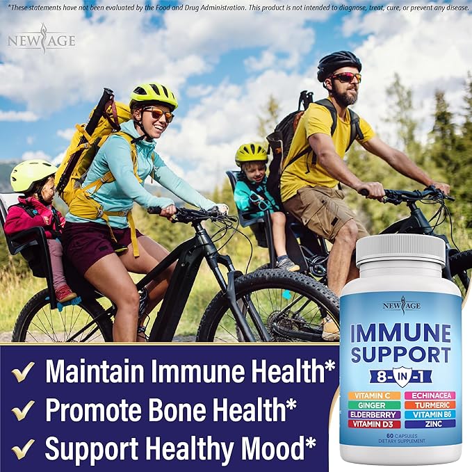 NEW AGE 8 in 1 Immune Support Booster Supplement with Echinacea, Vitamin C and Zinc 50mg, Vitamin D 5000 IU, Turmeric Curcumin & Ginger, B6, Elderberry 60 Count (Pack of 1)