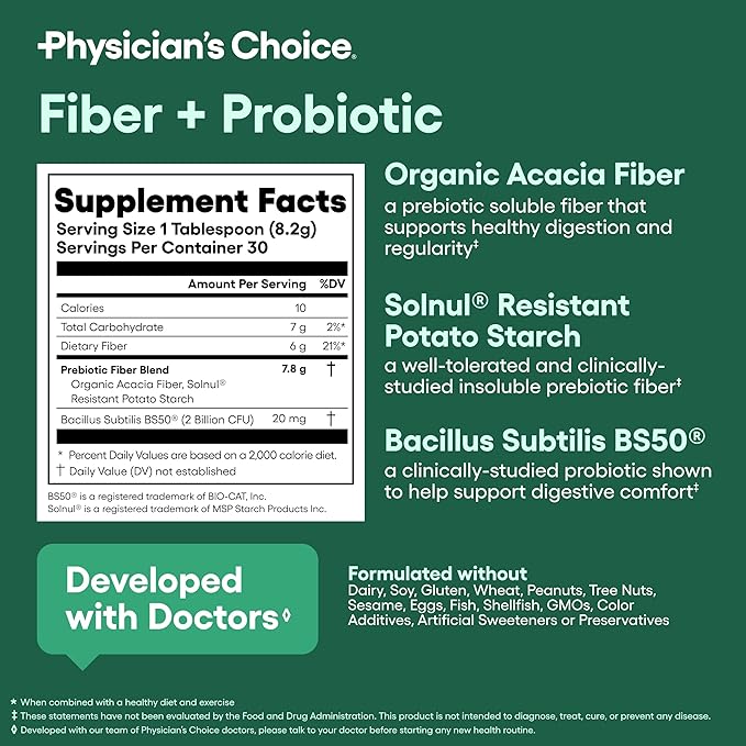 Physician's CHOICE Fiber & Probiotic Powder - Supports Regularity, Bloating, Gas, & Digestive Health - Organic Prebiotics - Sugar Free Formula - Fiber Supplement for Women & Men - Unflavored - 8.7 oz
