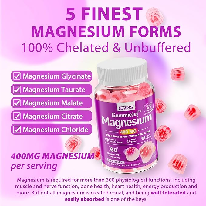 Sugar-Free Magnesium Gummies 400mg | Made in USA | 5-in-1 Complex: Glycinate, Citrate, Malate, Chloride & Taurate | with Ashwagandha, Vitamin D3 & Zinc | Muscle, Mood & Energy Support | Vegan, 2-Pack