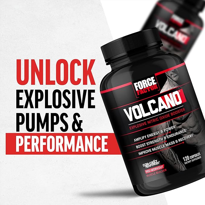 Force Factor Volcano Pre Workout Nitric Oxide Booster Supplement for Men with Creatine and L-Citrulline to Boost and Energy, Help Build Muscle, Better Pump and Workout, 120 Capsules (Pack of 2)