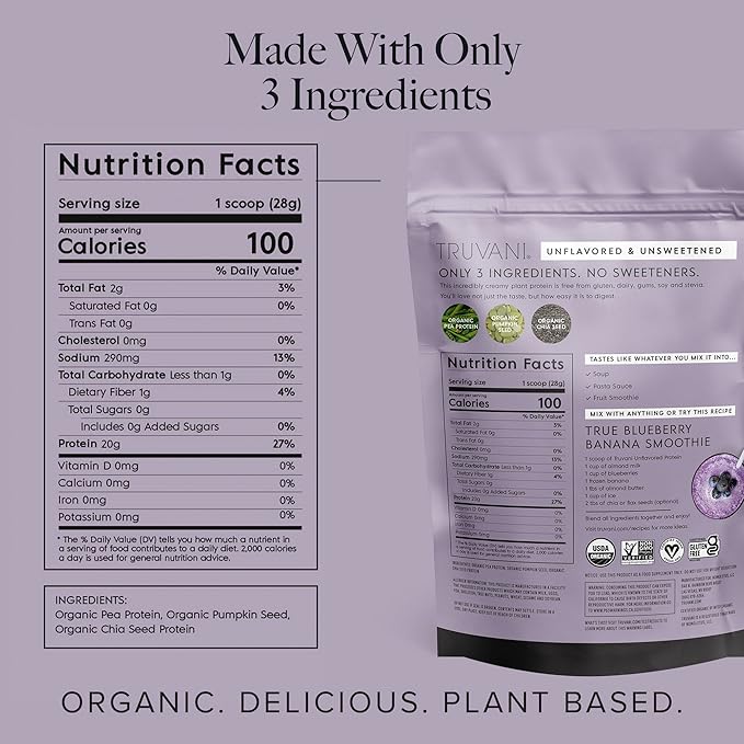 Truvani Vegan Pea Protein Powder | Unflavored | 20g Organic Plant Based Protein | 20 Servings | Keto | Gluten & Dairy Free | Low Carb | No Added Sugar