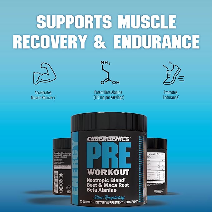 Pre Workout Gummies, Supports Energy Levels, Boosts Performance, Beta Alanine, Green Tea Extract, Nootropic Blend for Focus, Natural Beet Root, Blue Raspberry, 60 Gummies, 30 Servings