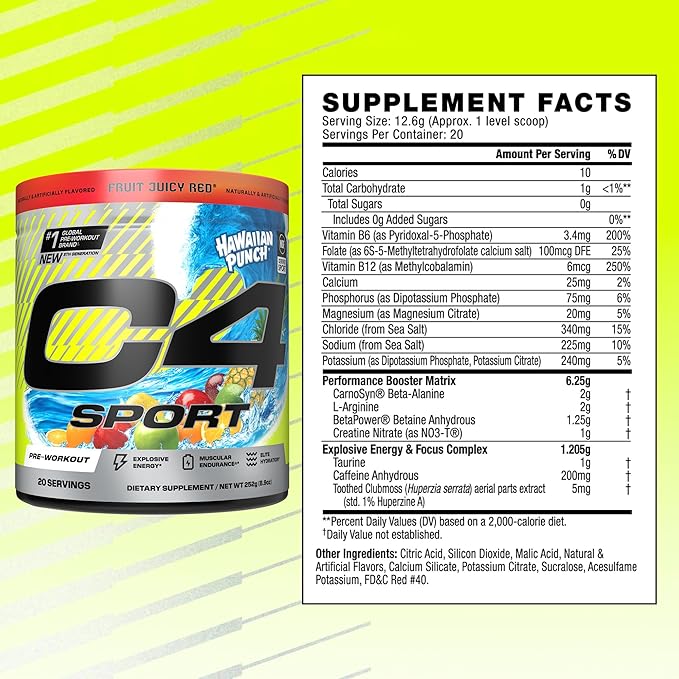 Cellucor C4 Sport Pre Workout Powder - NSF Certified for Sport - Elite Hydration - 200mg Caffeine + Creatine + Beta-Alanine - Electrolytes and Energy Supplement - Hawaiian Punch, 20 Servings