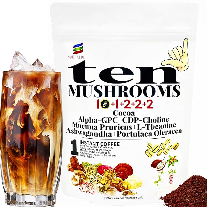 SUNDAFONE 17-in-1 Mushroom Coffee Powder with L-Theanine,Alpha-GPC,Ashwagandha for Boost Brainpower,Sharpen Focus,Lift Mood,Ease Stress,Support Heart & Immunity, 60 Servings Instant 10 Mushroom Coffee