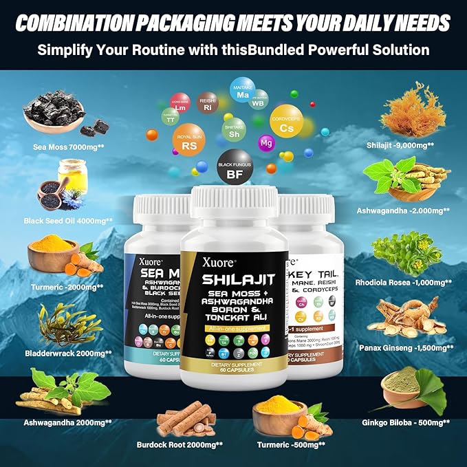 Sea Moss, Black Seed Oil, Ashwagandha, Ginger & Shilajit, Rhodiola Rosea, Panax Ginseng,Lions Mane, Turkey Tail, Reishi, Cordyceps, Chaga All in 1 Supplements (1 Pack)