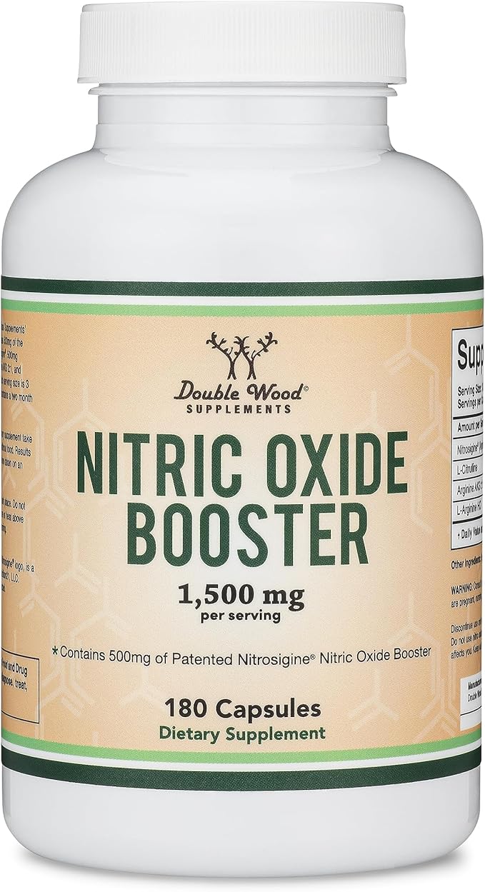 Nitric Oxide Supplement (Stim Free Pre Workout) - Nitric Oxide Booster with Nitrosigine, L Arginine, and L Citrulline (Clinically Studied to Boost No2 Nitric Oxide Flow) 180 Capsules by Double Wood