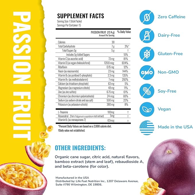 Multivitamin Electrolyte Drink Mix 30-Pack, Hydration + Nutrients | 100mg l-theanine | Passion Fruit & Peach Mango