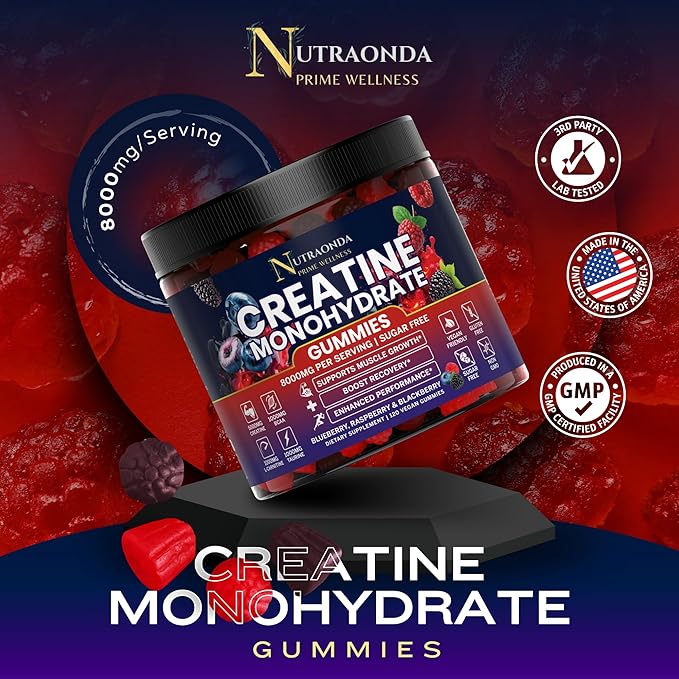 Pre-Workout Gummies – 120-Count Creatine Monohydrate Gummies for Men and Women – Pre-Workout Supplement with BCCA, L-Carnitine, Taurine for Muscle Growth, Energy, Performance – Berry Flavor