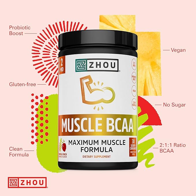 Zhou Nutrition Muscle BCAA Powder, Vegan Muscle Recovery, Natural, Clean Formula for Optimal Absorption, Probiotic Boost, Vitamin C, Gluten and Sugar Free, Tropical Punch, 30 Servings
