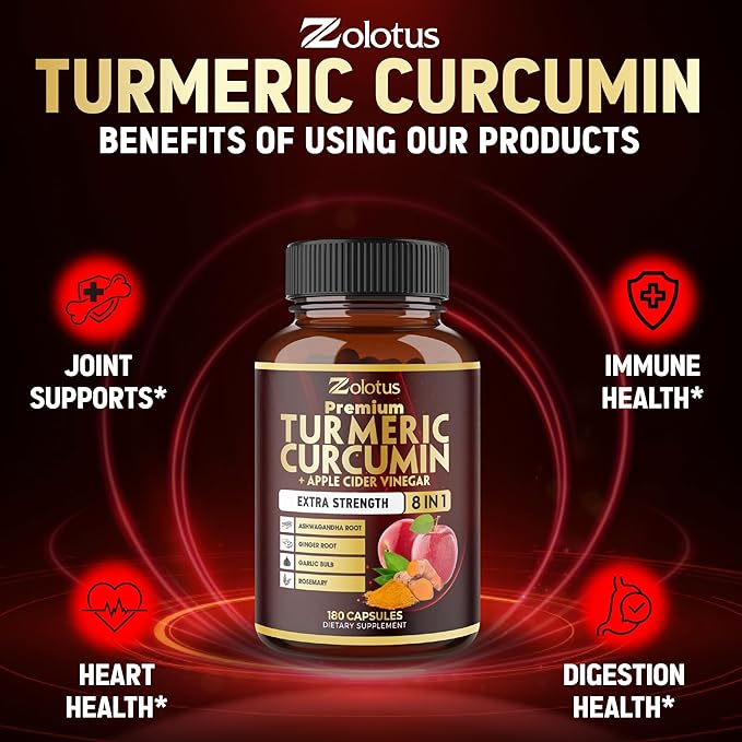 7 in 1 Turmeric Curcumin + Apple Cinder Vinegar Capsules, 6 Month Supply with Ashwagandha, Ginger, Garlic Bulb, 180 Capsules
