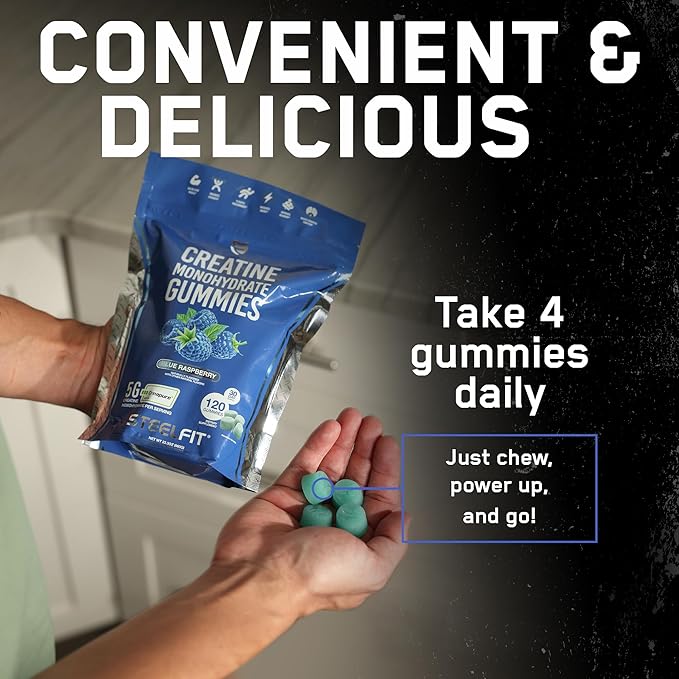SteelFit Creapure Creatine Monohydrate Gummies for Men & Women, Blue Raspberry - Gym Workout Nutritional Supplements for Muscle Gain, Brain Health & Strength Building Dietary Supplement, 120 Gummies