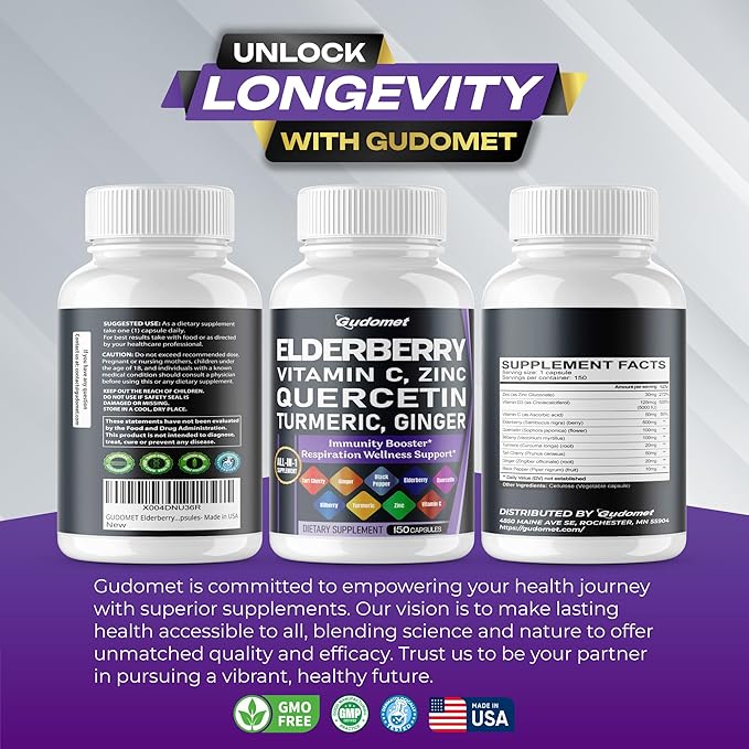 Elderberry Quercetin Bilberry Turmeric Tart Cherry Ginger Vitamin C Vitamin D3 Zinc Black Pepper -150 Capsules- Made in USA
