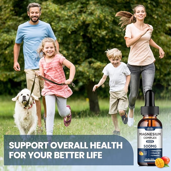Magnesium Glycinate Liquid Drops 500mg - Triple Magnesium Complex Supplement with Citrate, Malate, Ashwagandha, L-Theanine, Vitamin B6 for Sleep, Mood, Stress Relief, Muscle, Mango Flavor 2 Fl Oz