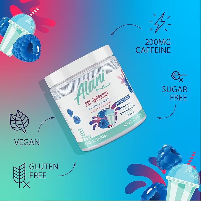 Alani Nu Pre Workout Powder Blue Slush | Amino Energy Boost | Endurance Supplement | Sugar Free | 200mg Caffeine | L-Theanine, Beta-Alanine, Citrulline | 30 Servings