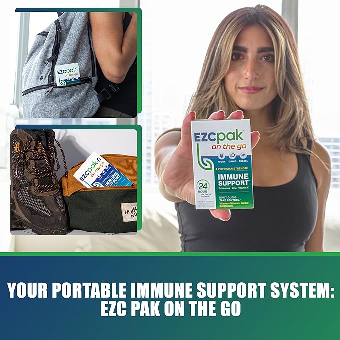 EZC Pak On The Go Immune System Booster with Echinacea, Vitamin C, Zinc, Immune Support Supplement, Immunity Vitamins for Adults, Travel-Friendly Packaging, Vegetarian, Gluten-Free - Pack of 6