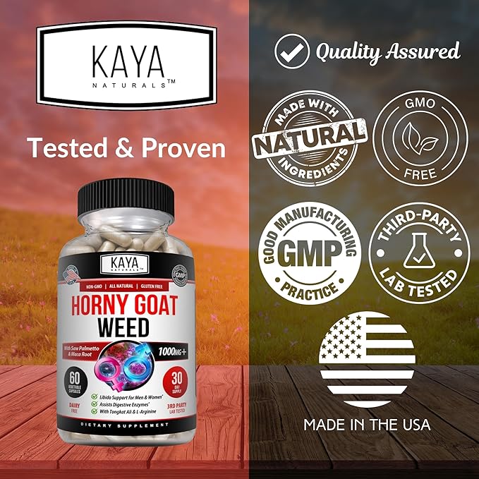 Kaya Naturals Horny Goat Weed Extract with Maca - Complex with Saw Palmetto Ginseng, Arginine Vitamin Supplement - Horny Goat Weed - 60 Count