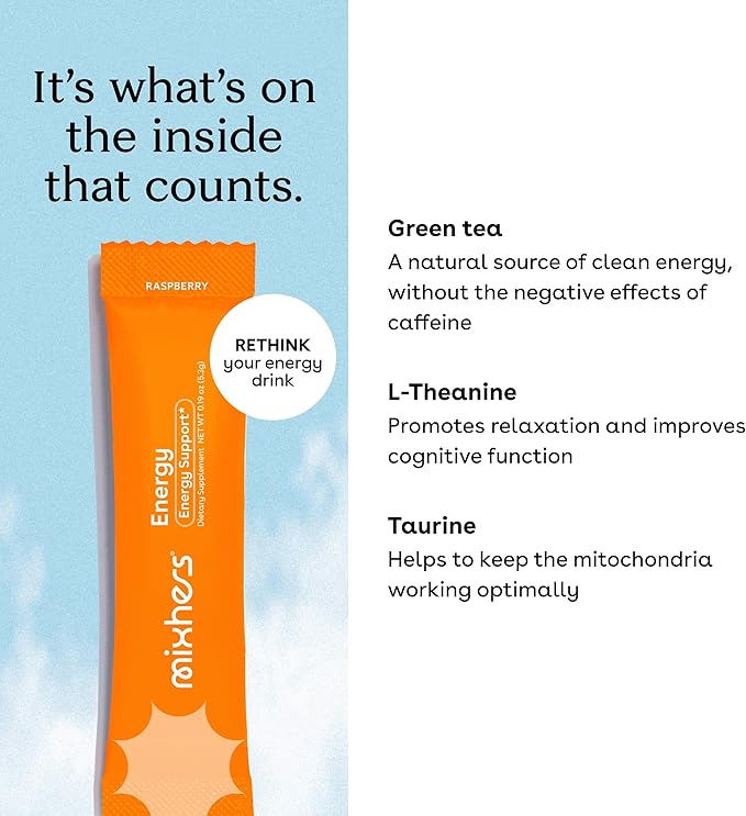 Energy - Natural Energy Support Drink Mix - Metabolism Supplement - For Brain Health - With Green Tea Extract, L-Theanine & Taurine - 15 Pack - Raspberry Punch Flavor