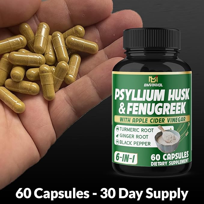 BMVINVOL 6in1 Psyllium Husk, Fenugreek, Apple Cider Vinegar, Turmeric, Ginger, Black Pepper - Soluble Fiber for Supports Digestive Health & Regularity (60 Capsules)