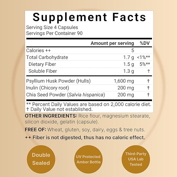 NatureBell Psyllium Husk Capsules 2,000mg Per Serving, 360 Count, with Inulin & Chia Seed – Soluble Fiber for Digestion – Plant Based Herbal Fiber Supplement, Non-GMO, Gluten Free