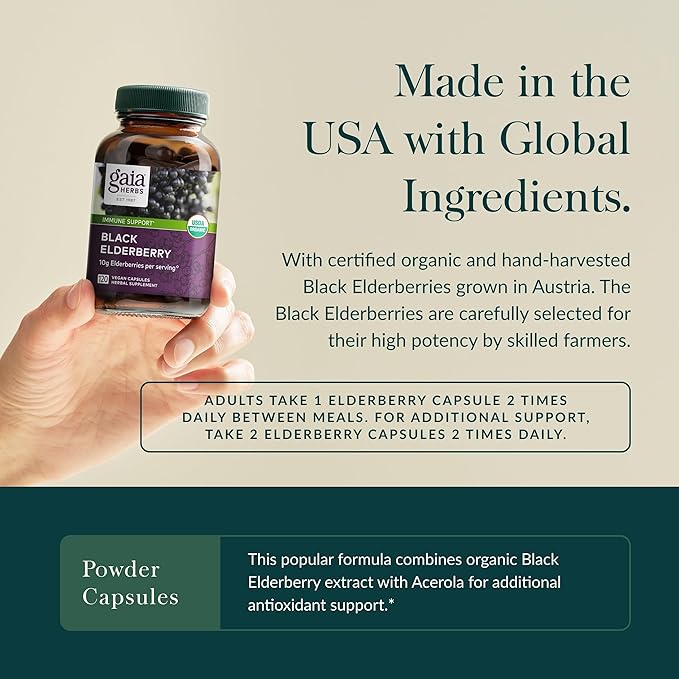 Gaia Herbs Black Elderberry - Daily Immune Support Supplement to Help Maintain Well-Being- with Black Elderberries and Acerola Fruit for Antioxidant Support - 120 Vegan Capsules (60-Day Supply)