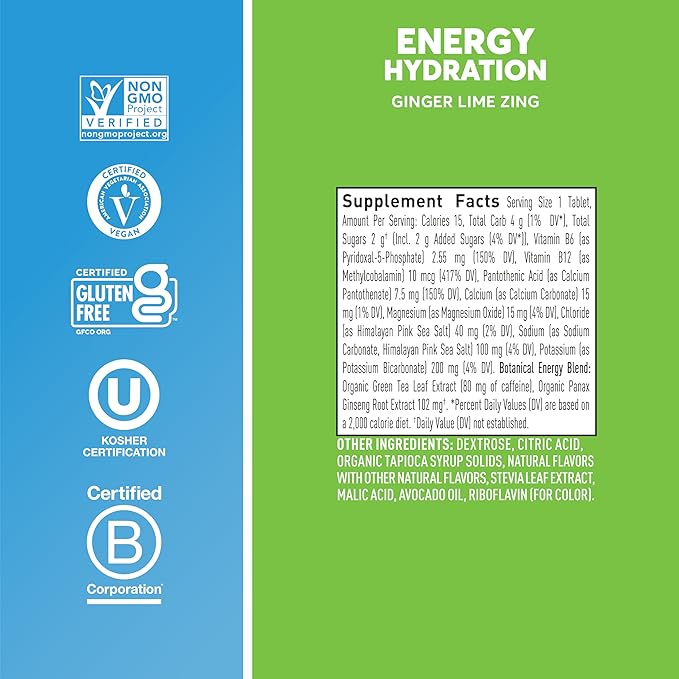 Nuun Energy Electrolyte Tablets with Ginseng, Caffeine from Green Tea Extract, Vitamin B12, B6, B5, Magnesium & 4 Other Electrolytes, Gluten Free & Vegan, Ginger Lime Zing, 8 Pack (80 Servings Total)