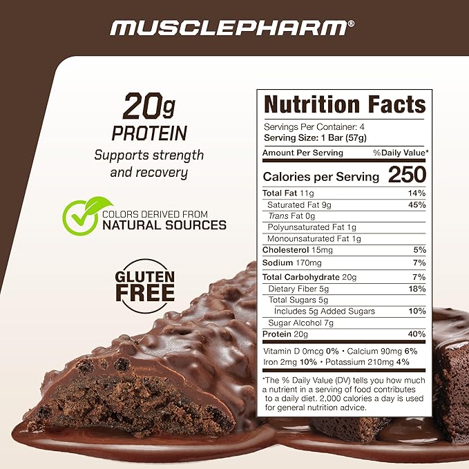 MusclePharm Combat Ready Chocolate Cake Protein Bars, High Protein Bars, Combat Cravings, Fuel Performance & Meet Energy Demands, 20g Protein from Whey Protein, 5g Fiber, Gluten Free, 4 Bars