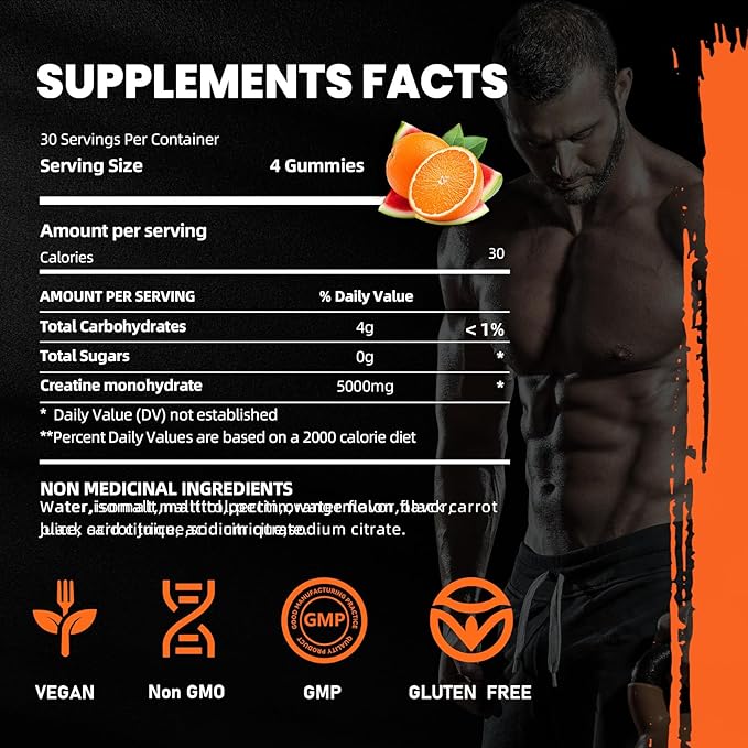 Creatine Monohydrate Gummies 5g for Men Women,Sugar Free Chewables Creatine Pre-Workout for Muscle Strength, Orange Flavor, 120 Count