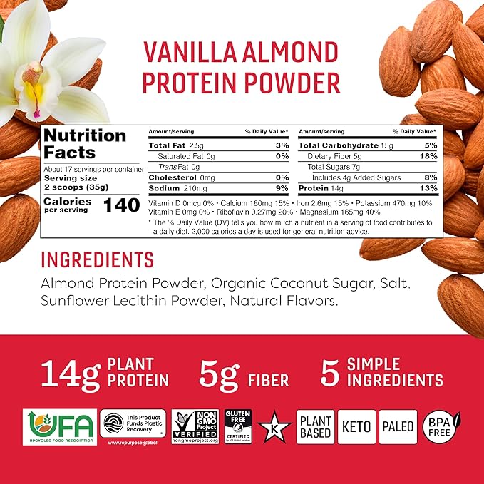 Vanilla Almond Protein Powder, 21 Ounce, Made with California Almonds, 14g Plant Based Protein, Keto, Paleo Friendly, Vegan, Gluten Free, 17 Servings