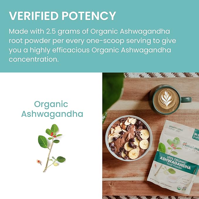 Himalaya Organic Ashwagandha Powder, Adaptogenic Superfood for Protein Shakes & Smoothies, 7.9 oz, 3 Month Supply