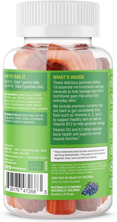 SUKU Teen Boy Multivitamin Gummies – Vitamins A, B12, C, D3, E, Zinc & Biotin – Sugar-Free Vegetarian Supplement for Energy, Growth, Immune & Bone Health – Grape Flavor – 60 Count