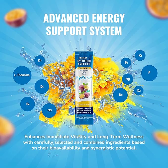 Electrolytes Powder Packets, Hydration Amplifier + Energy, Vitamins D3 K2 & B6 B12, L-Theanine, Cane Sugar, Caffeine Free Energy Drink Powder | Passion Fruit, 15 Pack