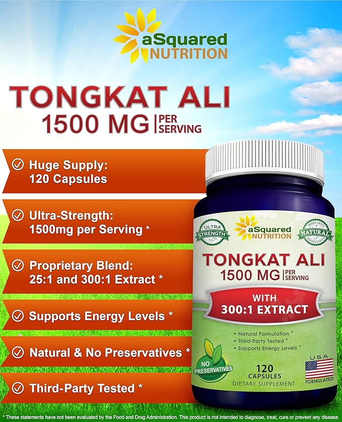 aSquared Nutrition Tongkat Ali 1500mg - 120 Capsules - Longjack (Eurycoma Longifolia) Extract Supplement & Long Jack Root Powder Pills - Tongkat Ali for Men & Women