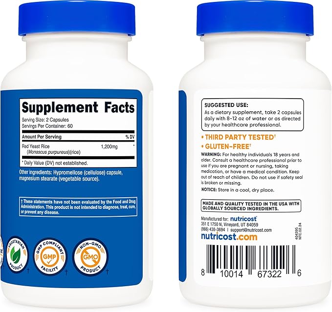 Nutricost Red Yeast Rice 1200mg, 120 Capsules - 60 Serv, Veggie Caps, Non-GMO, Gluten Free