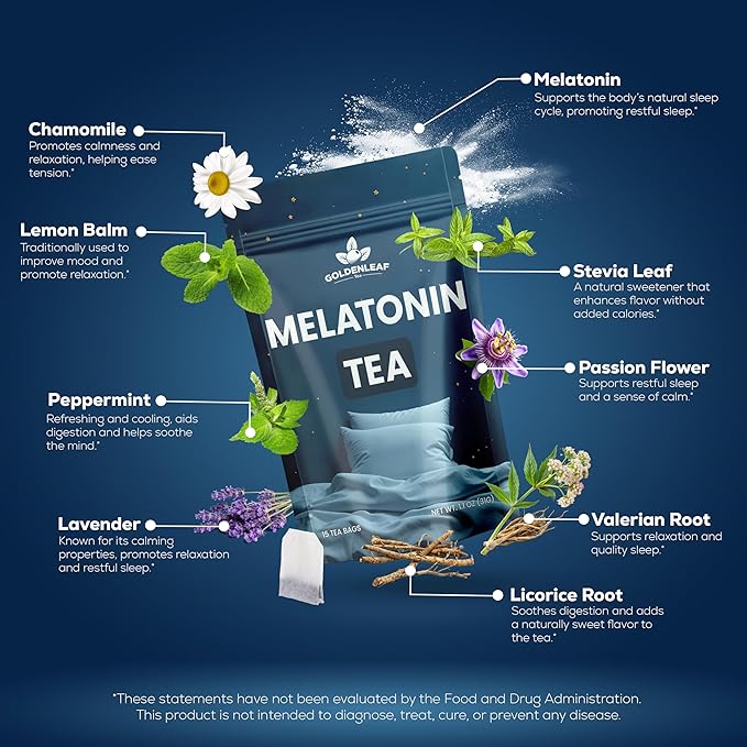 GOLDENLEAF Melatonin Sleep Tea - Caffeine-Free 3mg Melatonin Tea, with Chamomile, Lavender, Valerian Root & Lemon Balm for Night Time Rest, Relaxation and Better Sleep - 15 Herbal Tea Bags
