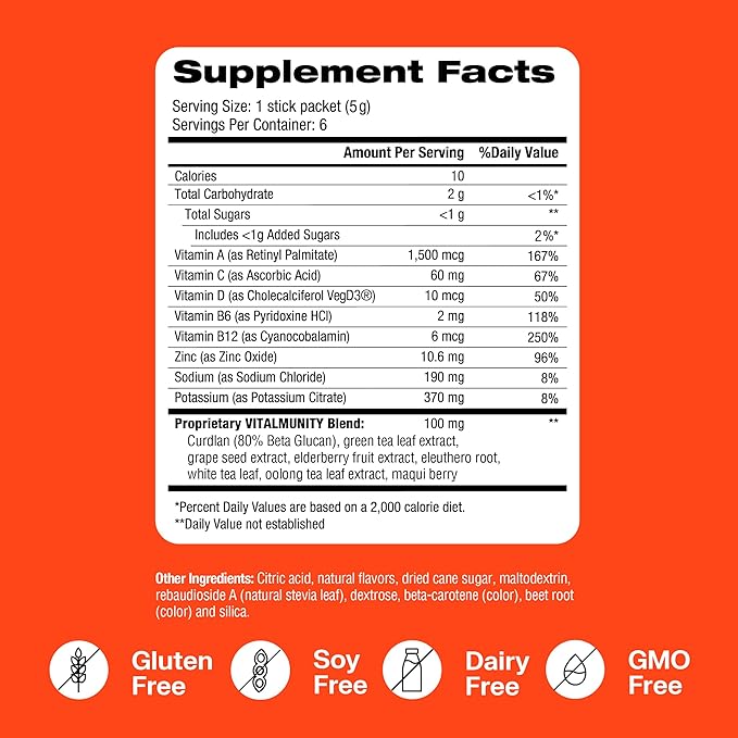 VitaHustle Electrolyte Hydration Immunity Drink Mix, Caffeine Free Stick Packs, Beta Glucan, Vitamin C, Elderberry (6 Count, Orange)
