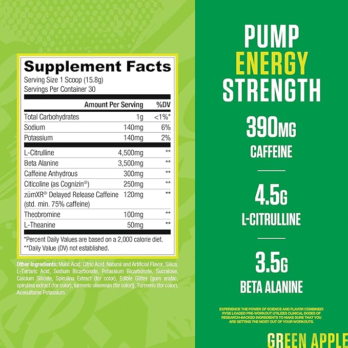 Ryse Loaded Pre Workout Powder - Sour Punch Green Apple - Daily Pre-Workout for Men & Women with 390mg Caffeine, Beta Alanine, and Citrulline for Pump, Focus, and Energy - 30 Servings