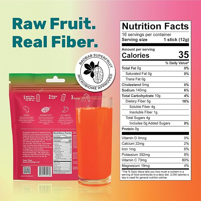 Tiiga 2-in-1 Gut Health + Hydration Drink Mix – Natural Debloat Formula with 75%+ Baobab & Coconut Water. High in Antioxidants, Prebiotics, Zero Added Sugar, Supports Digestion, Energy & Helps Debloat