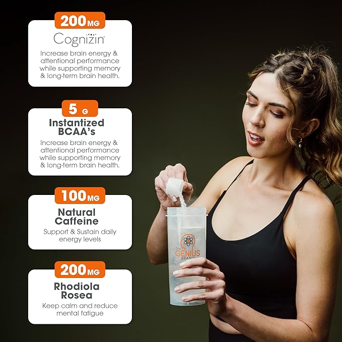Genius BCAA Powder - 5g Vegan BCAAs L-Glutamine, Cognizin & Rhodiola Muscle Recovery Energy Support 100mg Caffeine Pre, Intra, Post-Workout Nootropic Supplement for Focus & Performance - Grape Limeade