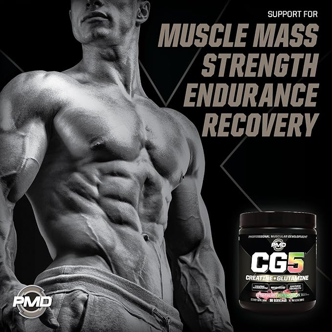 PMD Sports CG5 Premium Creatine & L Glutamine Powder, Power Recovery, Build Lean Muscle, Increase Workout Performance, Maximum Strength Pre Workout & Post Workout, Strawberry Watermelon, 30 Servings