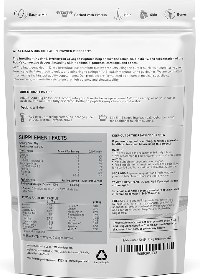 Hydrolyzed Collagen Peptides Powder, Grass Fed, High Protein, Unflavored, Gluten-Free, Paleo & Keto Friendly, 10g per Serving (200g) Supports Skin, Hair, Nails, Joints, & Bones