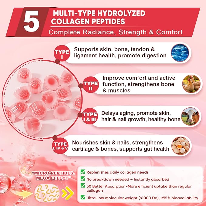 2Pack Sugar-Free Hydrolyzed Collagen Peptide Filled Gummies for Women & Men, with 1500mg Protein Type I,II,III,V,X, 5000mcg Biotin Vitamin C A E D3 B6 B12 for Immune Digestion Skin Hair Nails, Bone