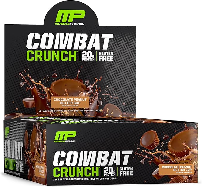 MusclePharm Combat Sport Bar, Chocolate Peanut Butter Cup, High Protein Bars, Combat Cravings, Fuel Performance & Meet Energy Demands, 20g Protein from Whey Protein, 5g Fiber, Gluten Free, 12 Bars
