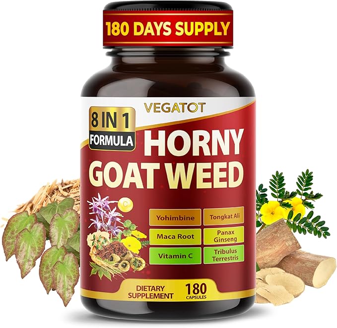 VEGATOT 8 in 1 High Strength Horny Goat Weed Concentrated with Yohimbine Tongkat Ali Maca Root Fenugreek Boost Energy Stamina 3-Month Supply (90 Count (Pack of 1))