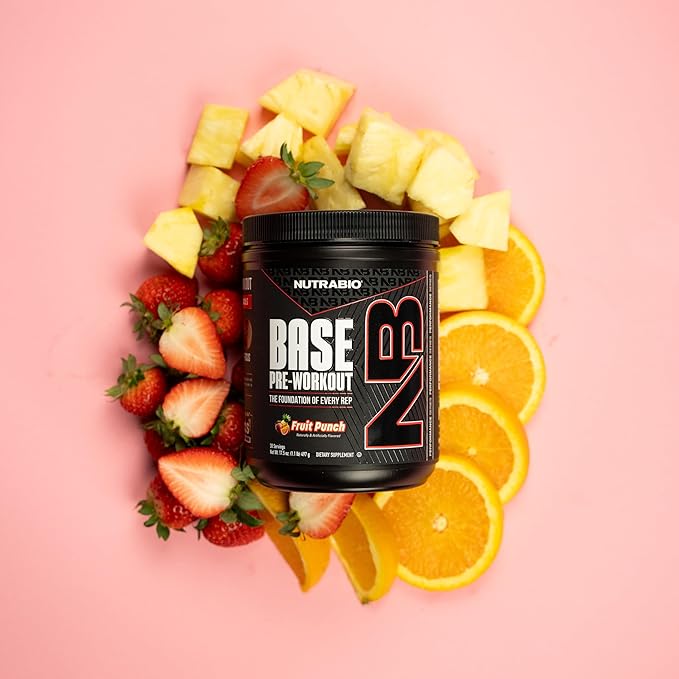 NutraBio Base Pre-Workout Powder 200mg Caffiene, Sustained Energy, Focus, Endurance, Pump, Sugar Free, Clean Preworkout for Men and Women - Beta Alanine, L-Tyrosine, 30 Servings - Fruit Punch