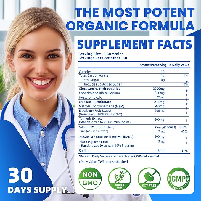 Glucosamine Chondroitin Gummies with MSM & Elderberry Extra Strength - Joint Support, Antioxidant Immune Support Supplement for Adults, Men & Women.Blueberry