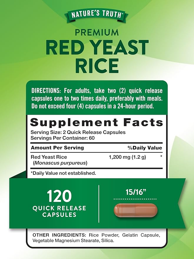 Nature's Truth Red Yeast Rice Capsules 1200 mg | 120 Count | Non-GMO & Gluten Free Supplement