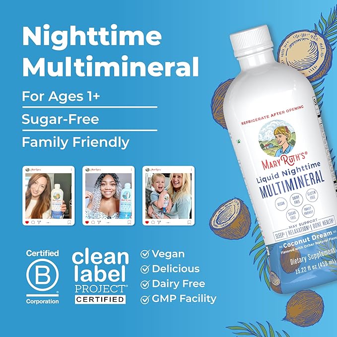 MaryRuth's Liquid Nighttime Multimineral | NO Melatonin | Bedtime Routine | Magnesium Citrate | Calcium | Zinc | Vitamin D3| Available in 4 Flavors | Vegan | Sugar Free | Gluten Free | 15.22 Oz
