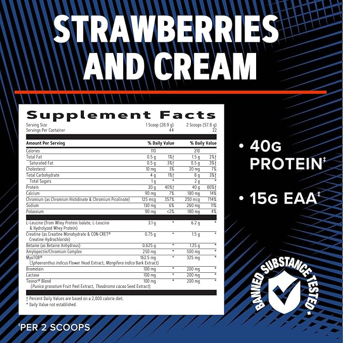 GNC AMP Wheybolic Alpha Clinically Proven Protein Powder, Muscle Strength, Boost Testosterone, 40g Protein, 6.2g Leucine, 15g EAAs, Creatine, 3rd Party Tested, Strawberries & Cream, 22 SVG