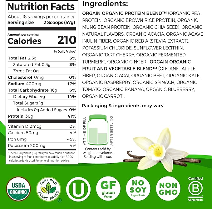 Orgain Organic 30g Vegan Protein Powder, Vanilla, 9g EAAs + BCAAs, Plant Protein, 4g Prebiotic + Fiber, 1g Sugar, Pre-Workout, Muscle Support + Recovery, PMV - 2.01lb (Packaging May Vary)