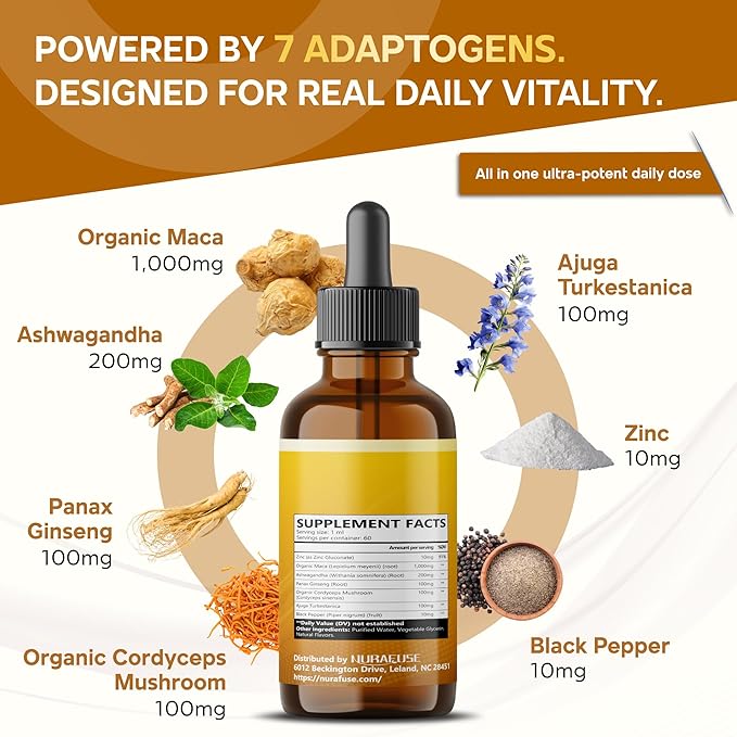 Organic Maca Root, Ashwagandha, Panax Ginseng, Cordyceps, Turkestanica Liquid Drops – 1520mg per Serving, Ultra Potent, USA Made & Lab Tested – 2 FL OZ (60ml)